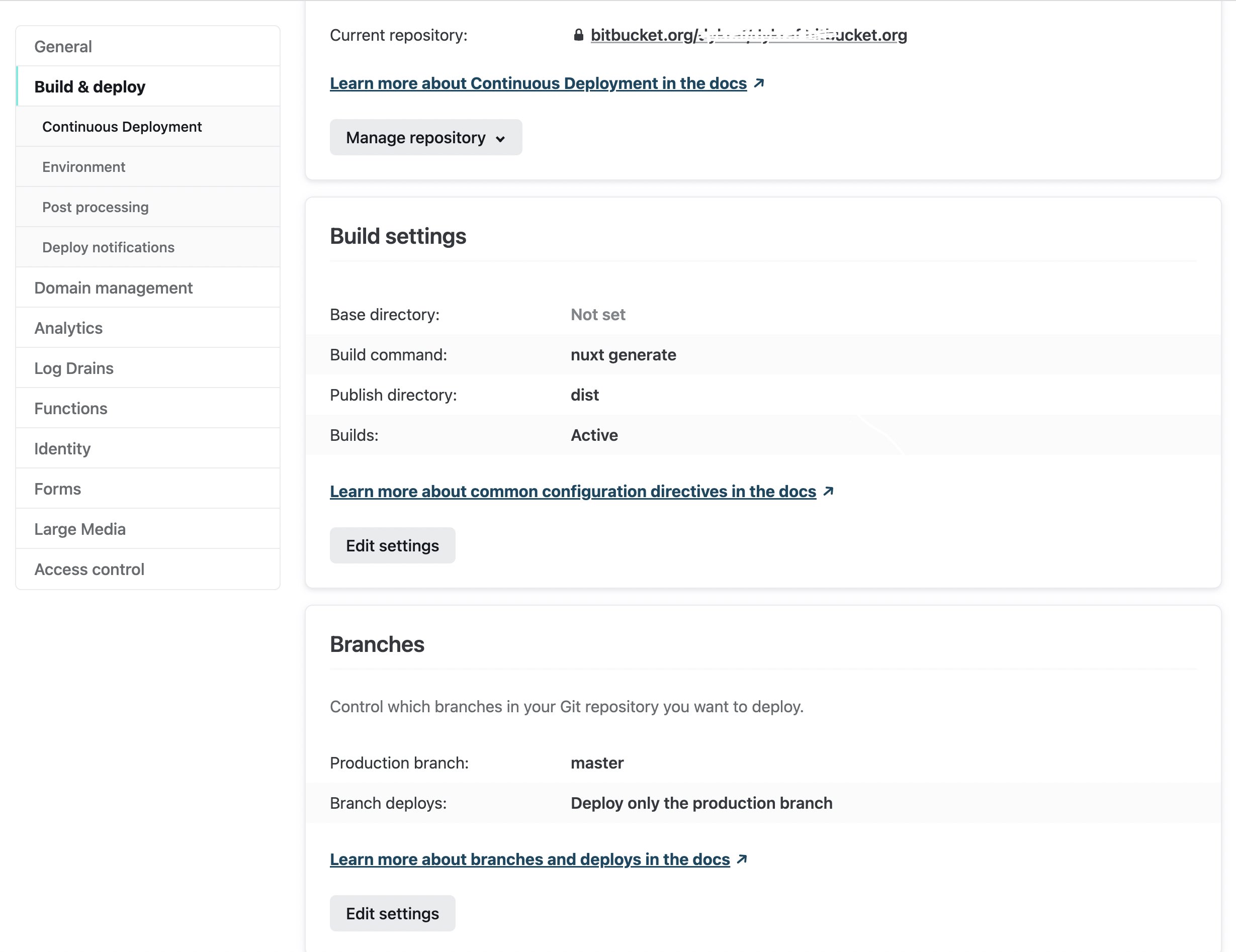 Netlify project setting in a repository host