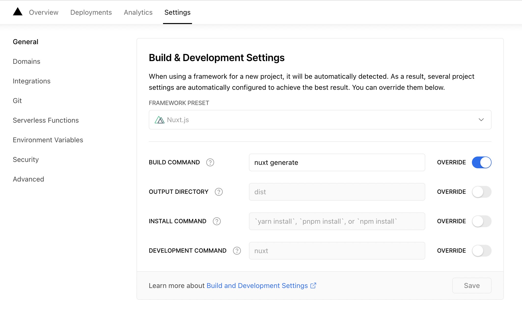 Vercel project setting in a repository host