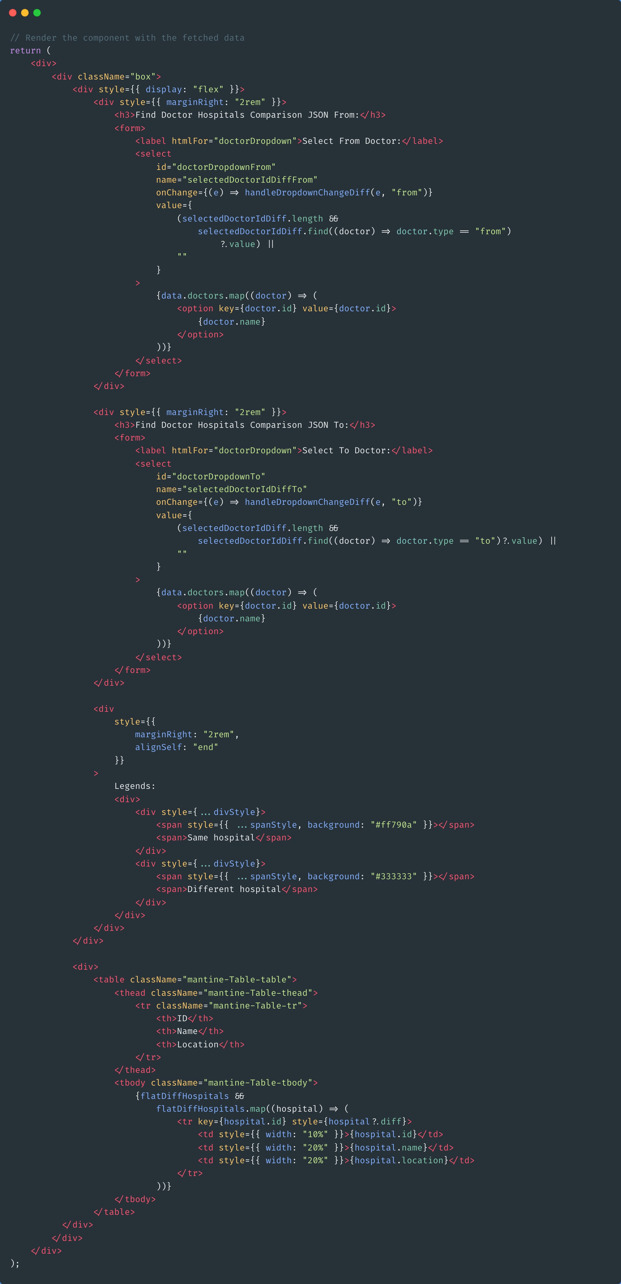 Form and Table list HTML render for Doctors and Hospitals JSON