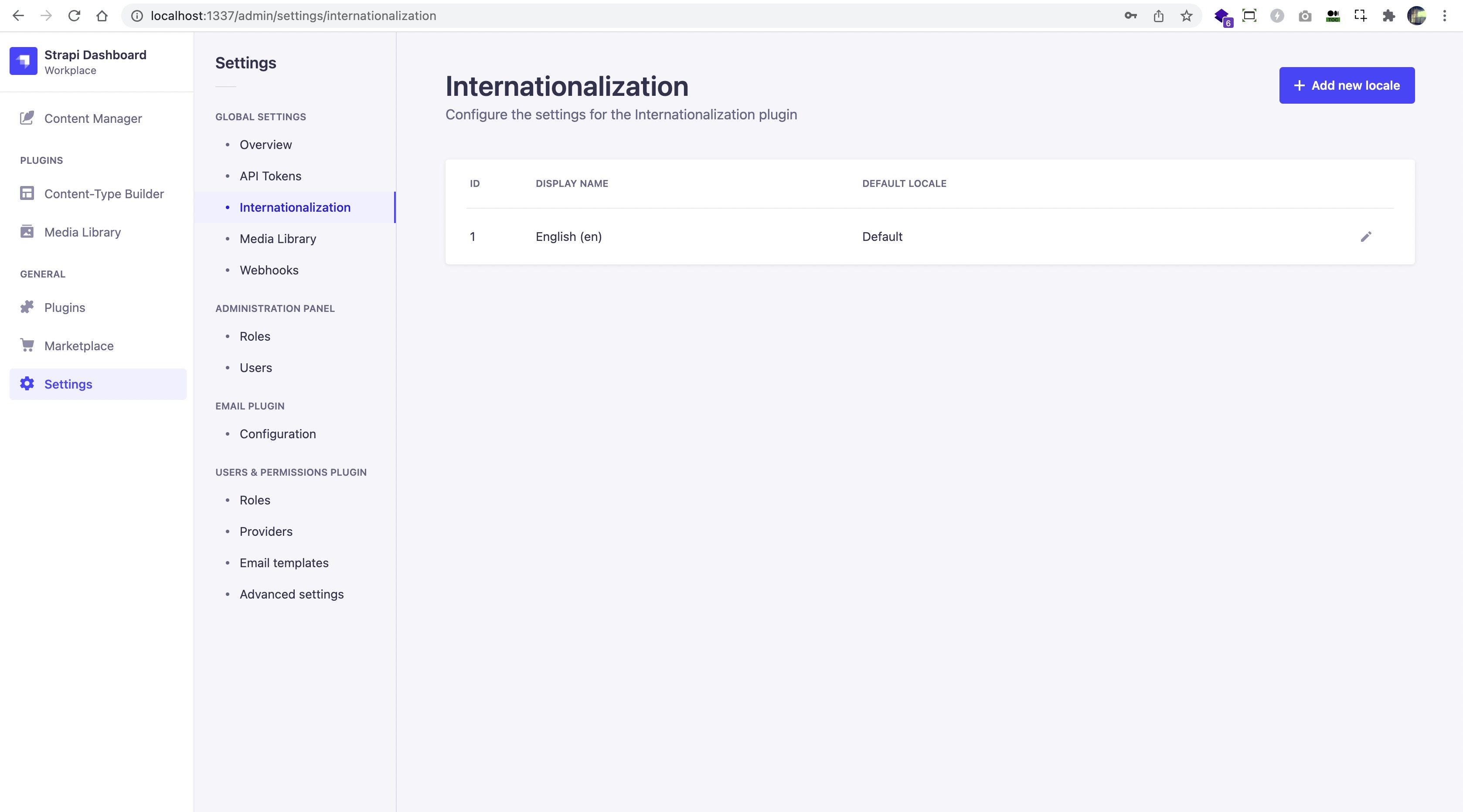 Strapi Administration Internazionalization Settings