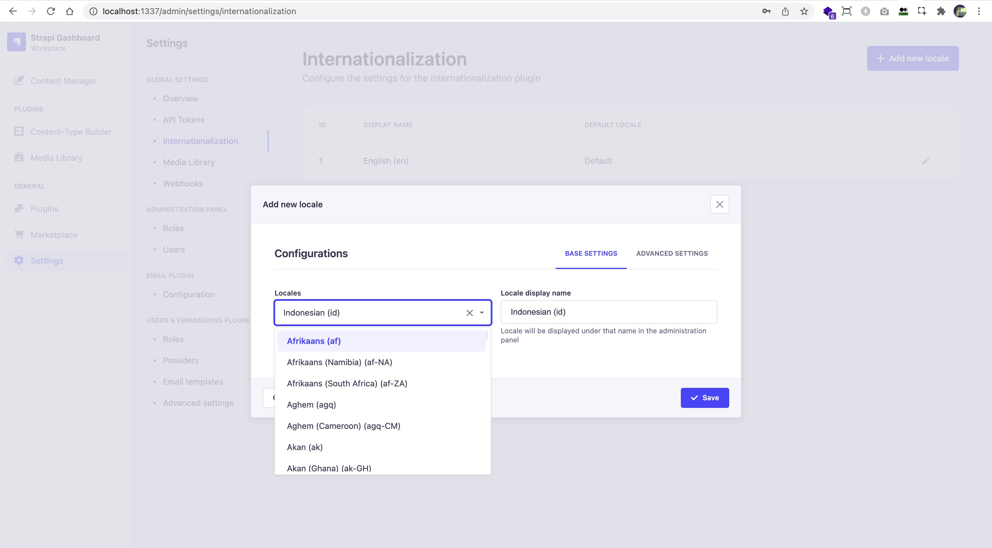 Strapi Administration add New Internazionalization Locale