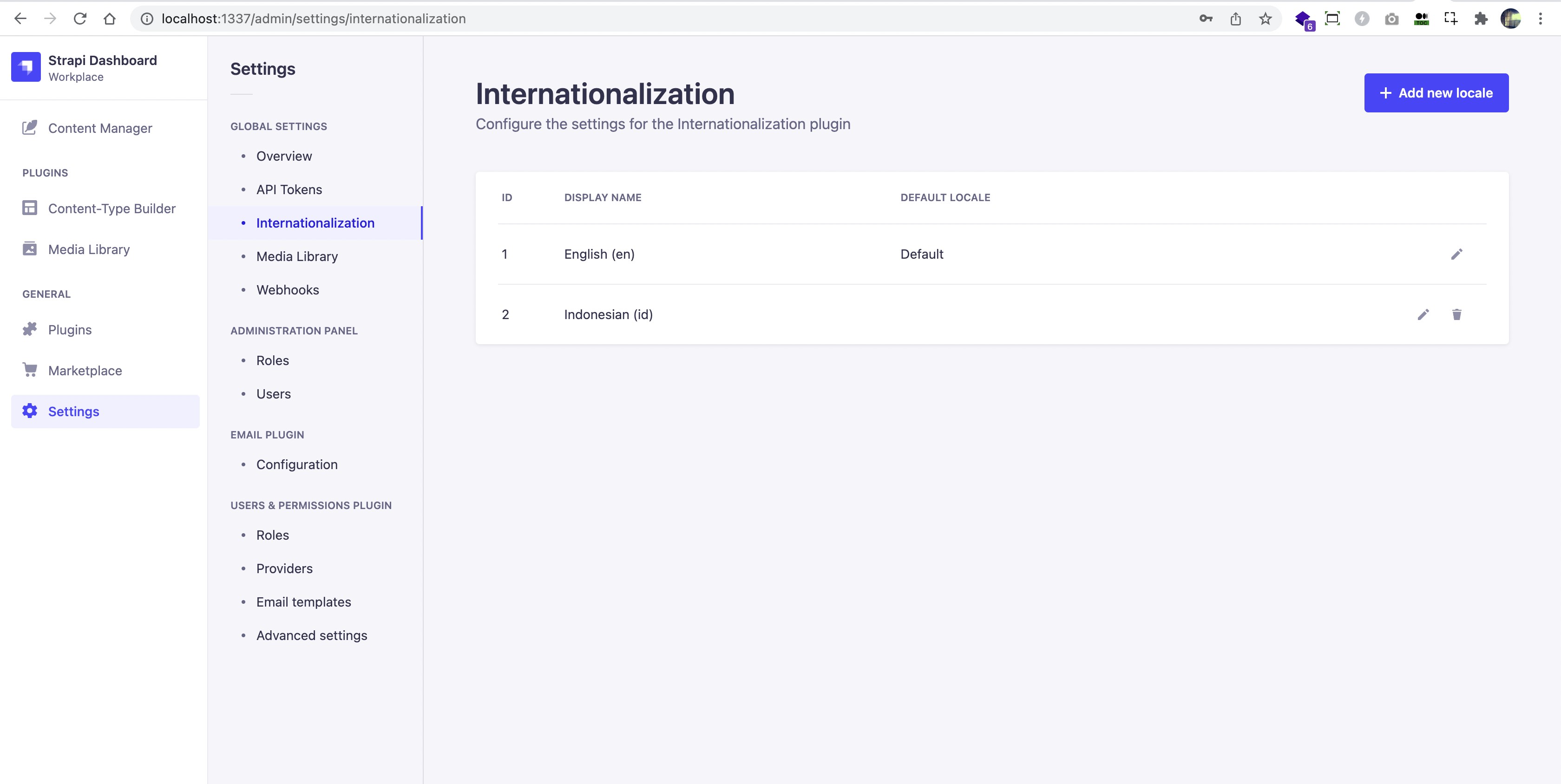 Strapi Administration Internazionalization Locale List