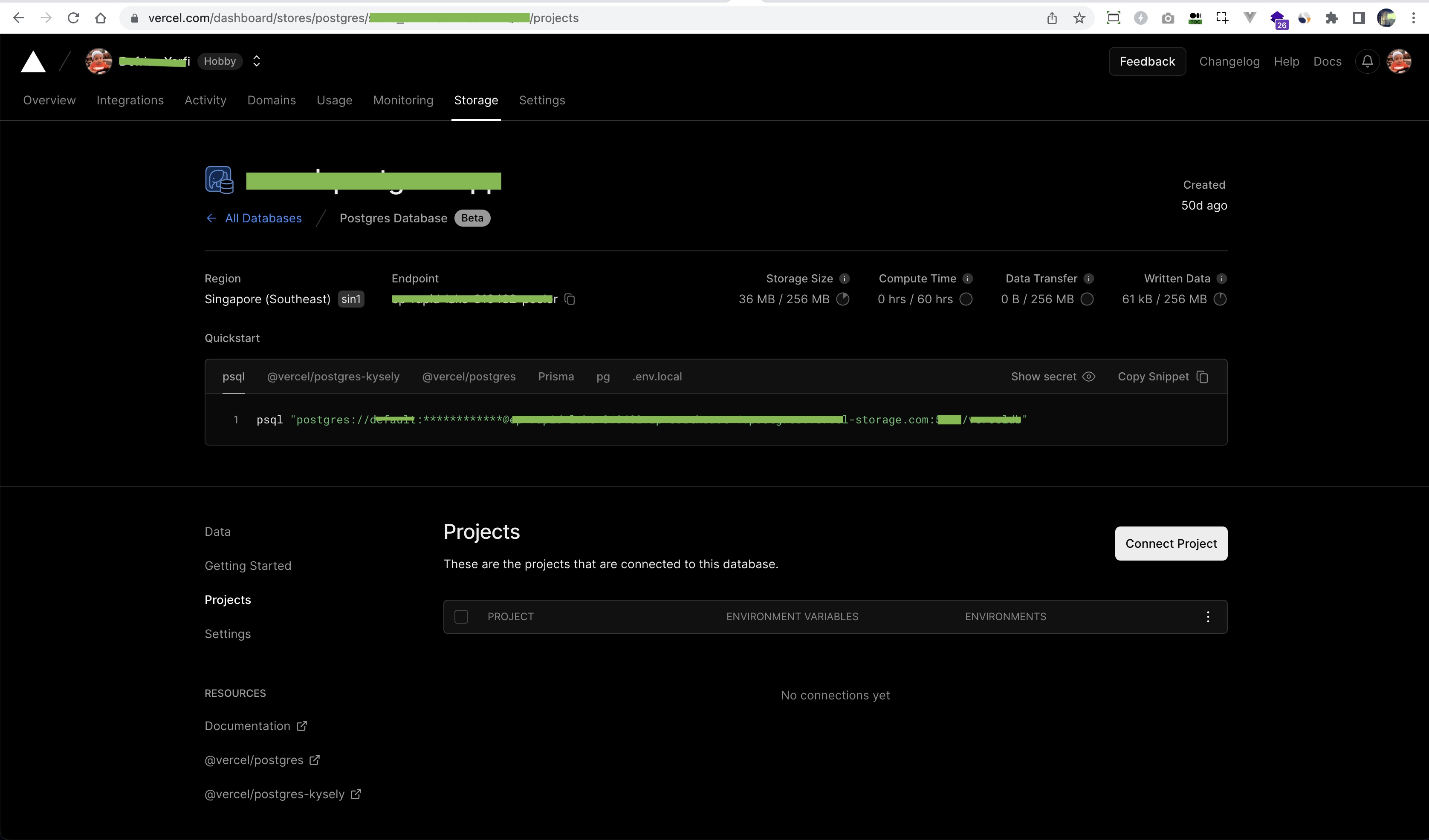 Vercel storage credentials for PostgreSQL Database storage