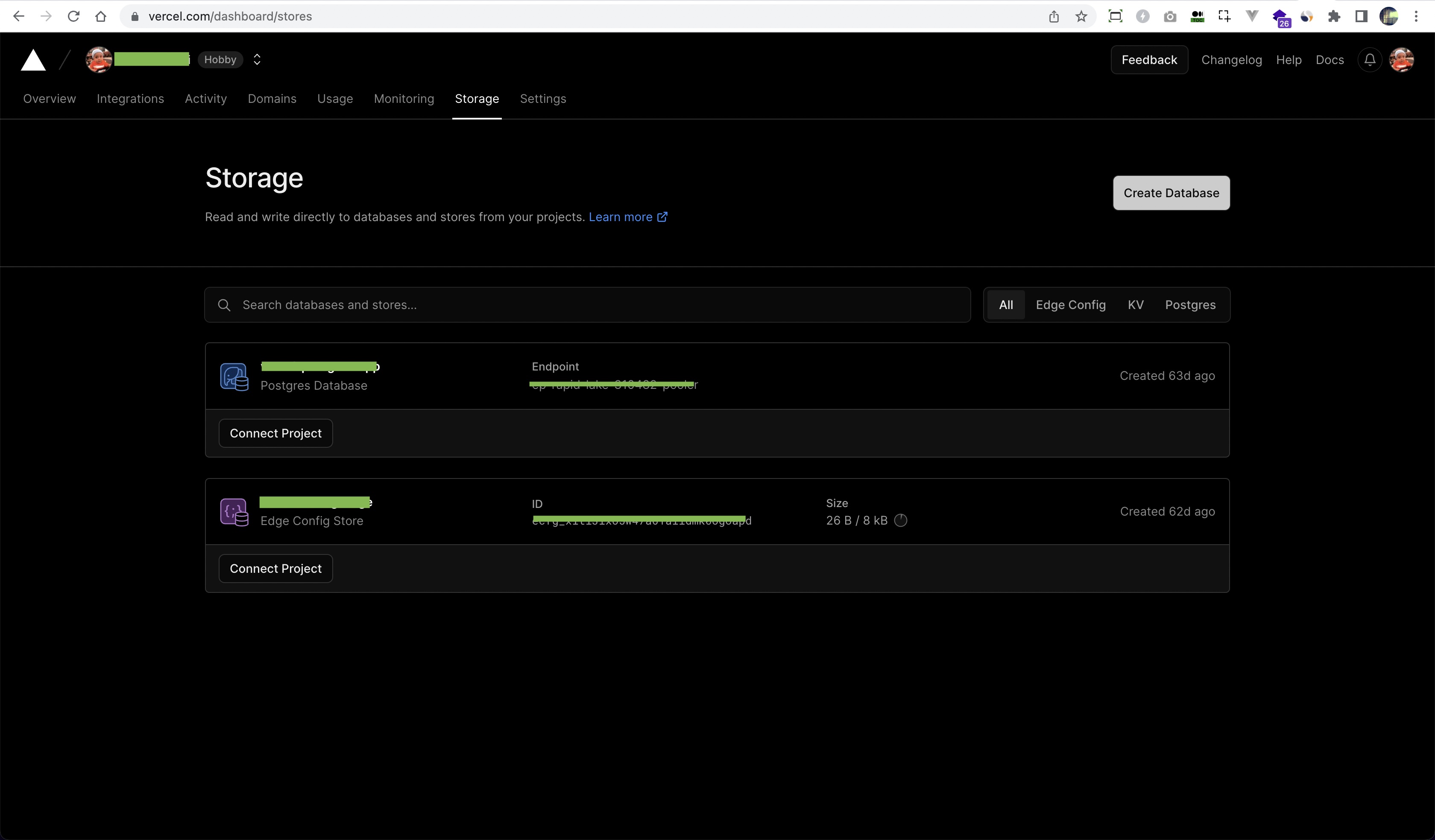 Vercel storage for PostgreSQL Database