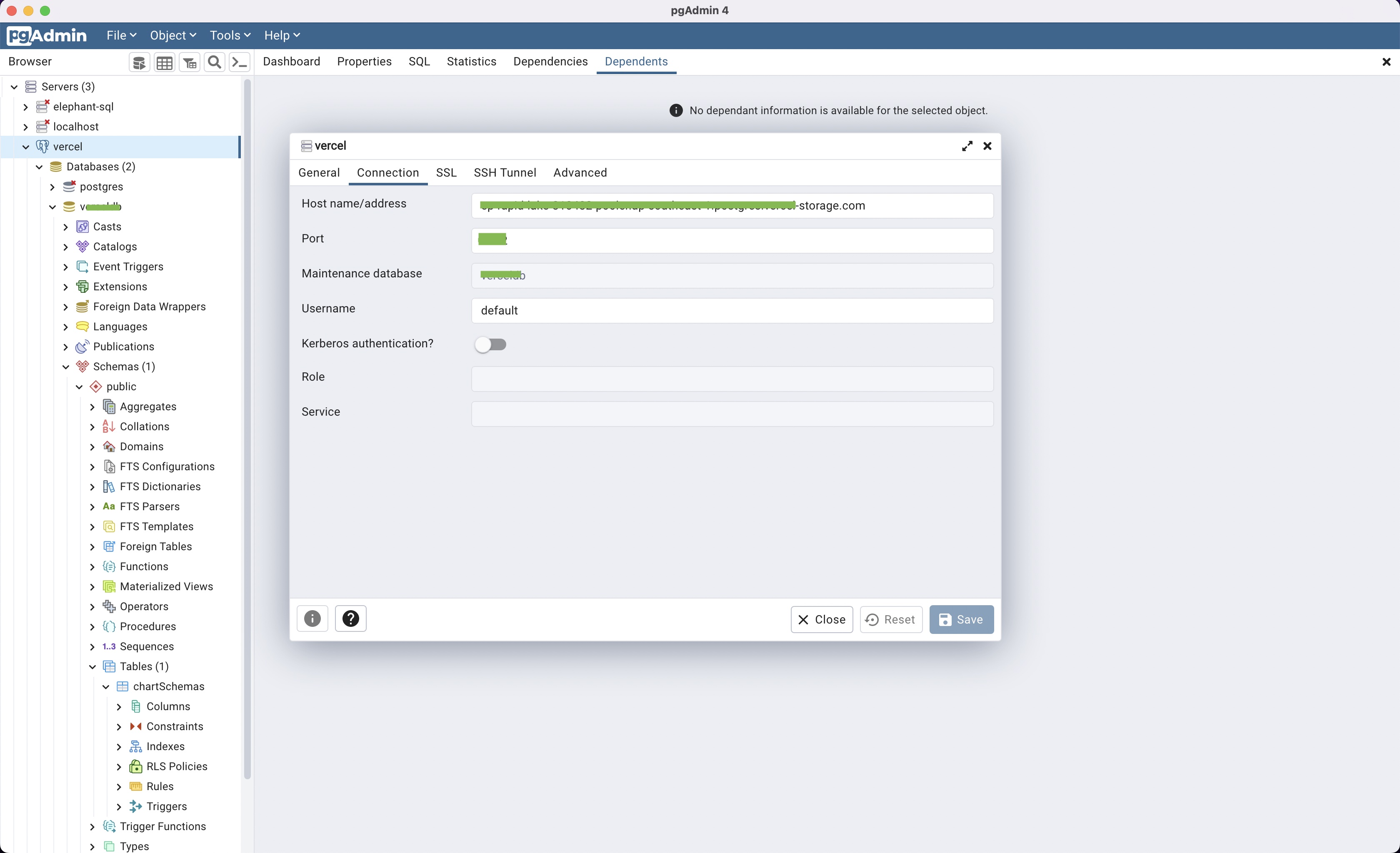 Insert Vercel storage credential for PostgreSQL Database in PgAdmin 4